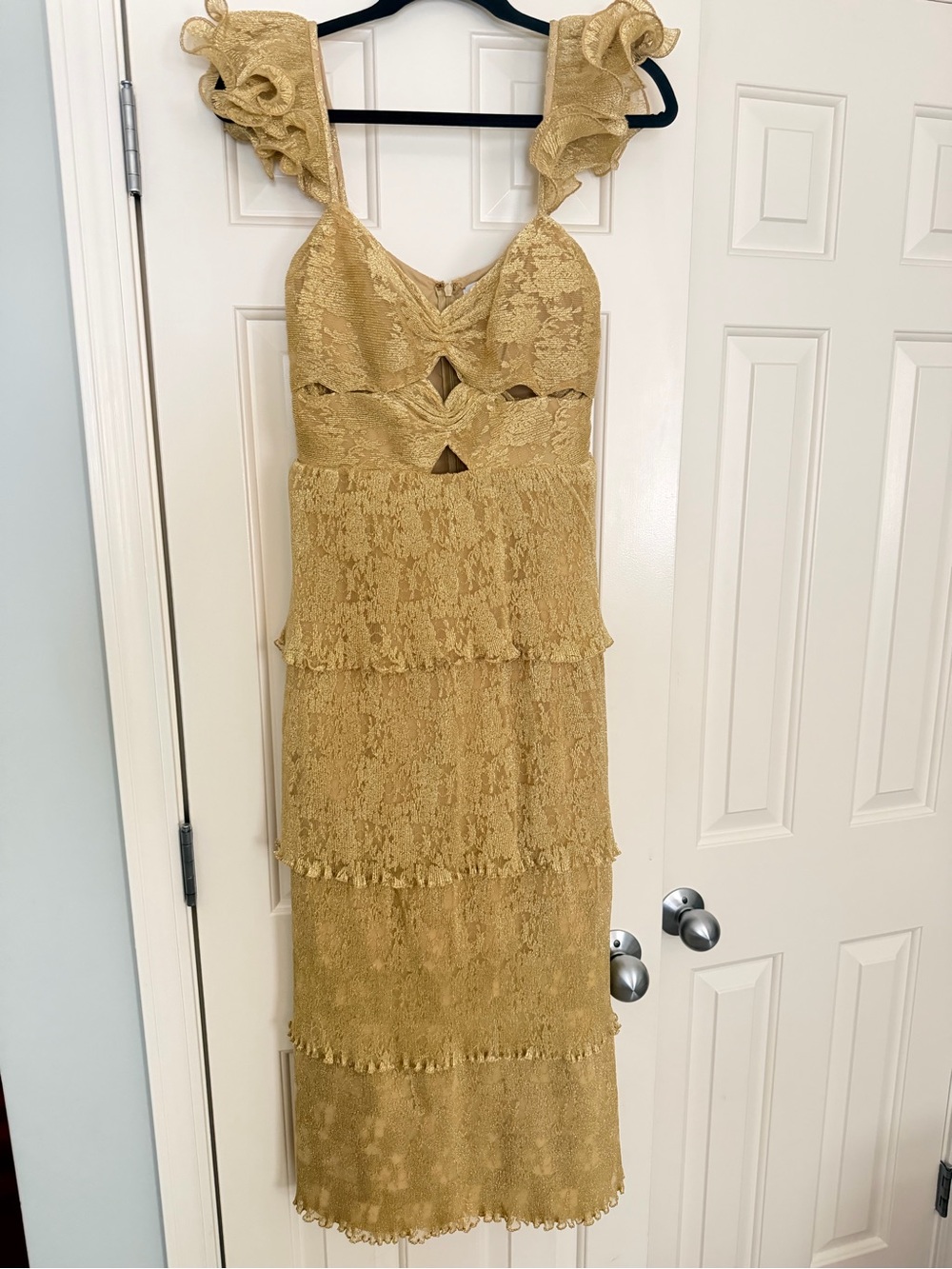 SAYLOR Soma Tiered Foil-Lace Midi Dress with Ruffle Straps